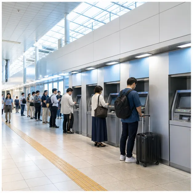 東京のATMに並ぶ通勤者