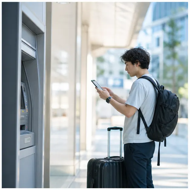 スマートフォンでATM候補を確認する旅行者